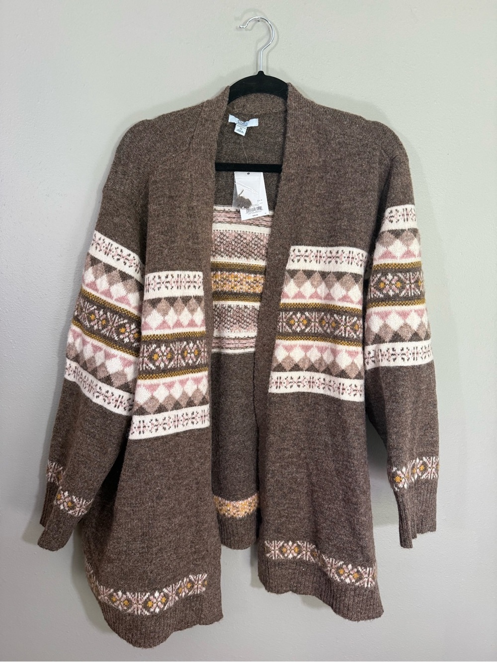 croft & barrow Brown Fair Isle Open Cardigan with Cream and Pink Accents